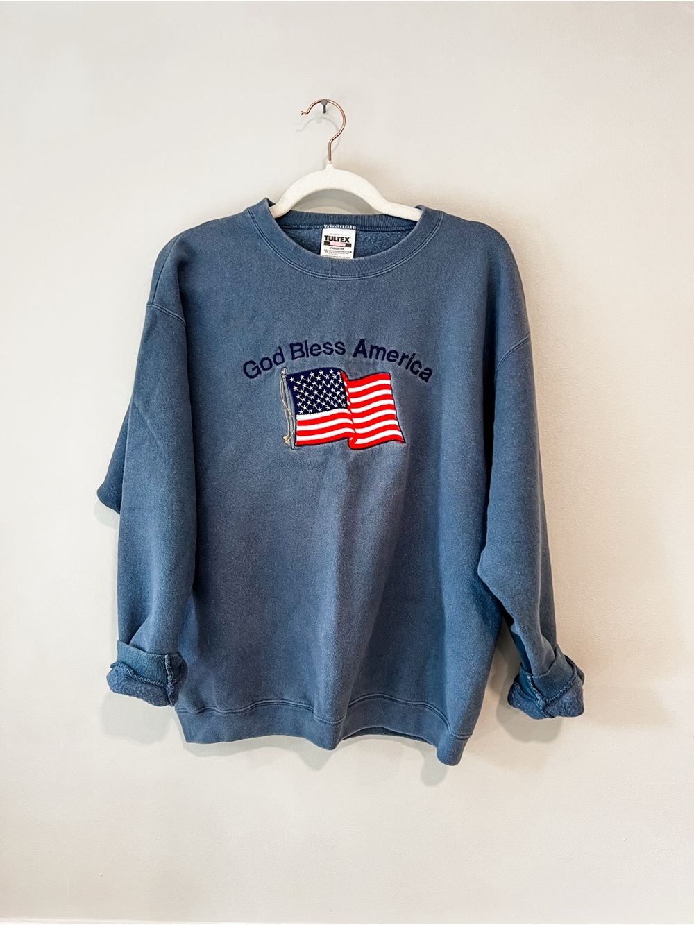Vintage Tultex God Bless America Patriotic Blue Crewneck Sweatshirt Embroidery